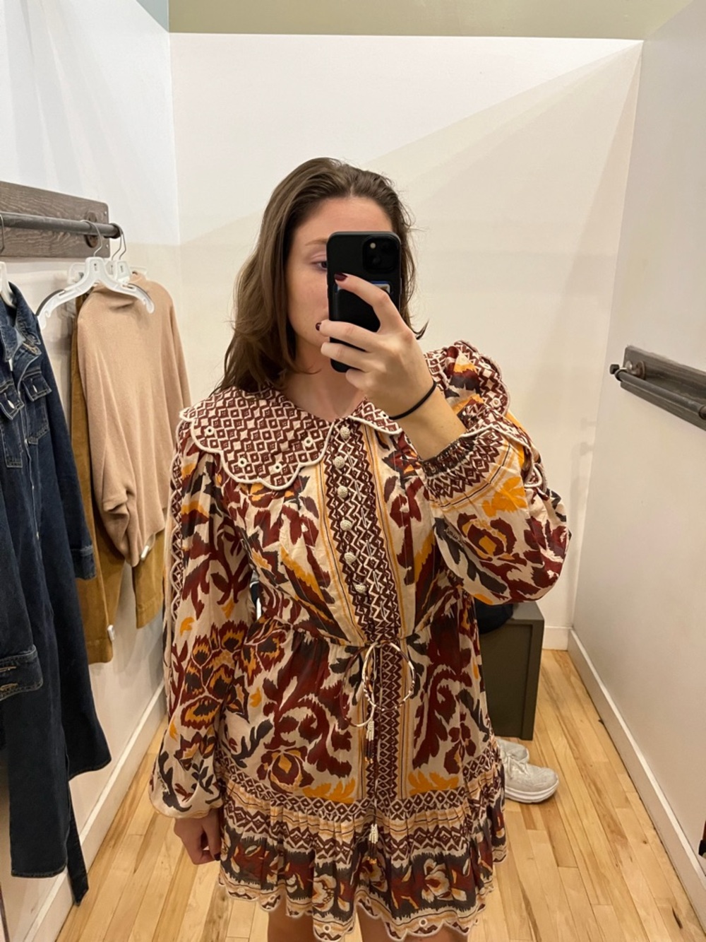 Farm Rio Boho Printed Long-Sleeve Mini Dress in Burgundy and Mustard - Picture 3 of 6